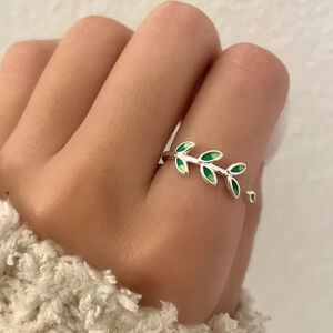 925 Sterling Silver Leaf Wrap Ring Green Dainty Boho Ring Green Leaf Ring